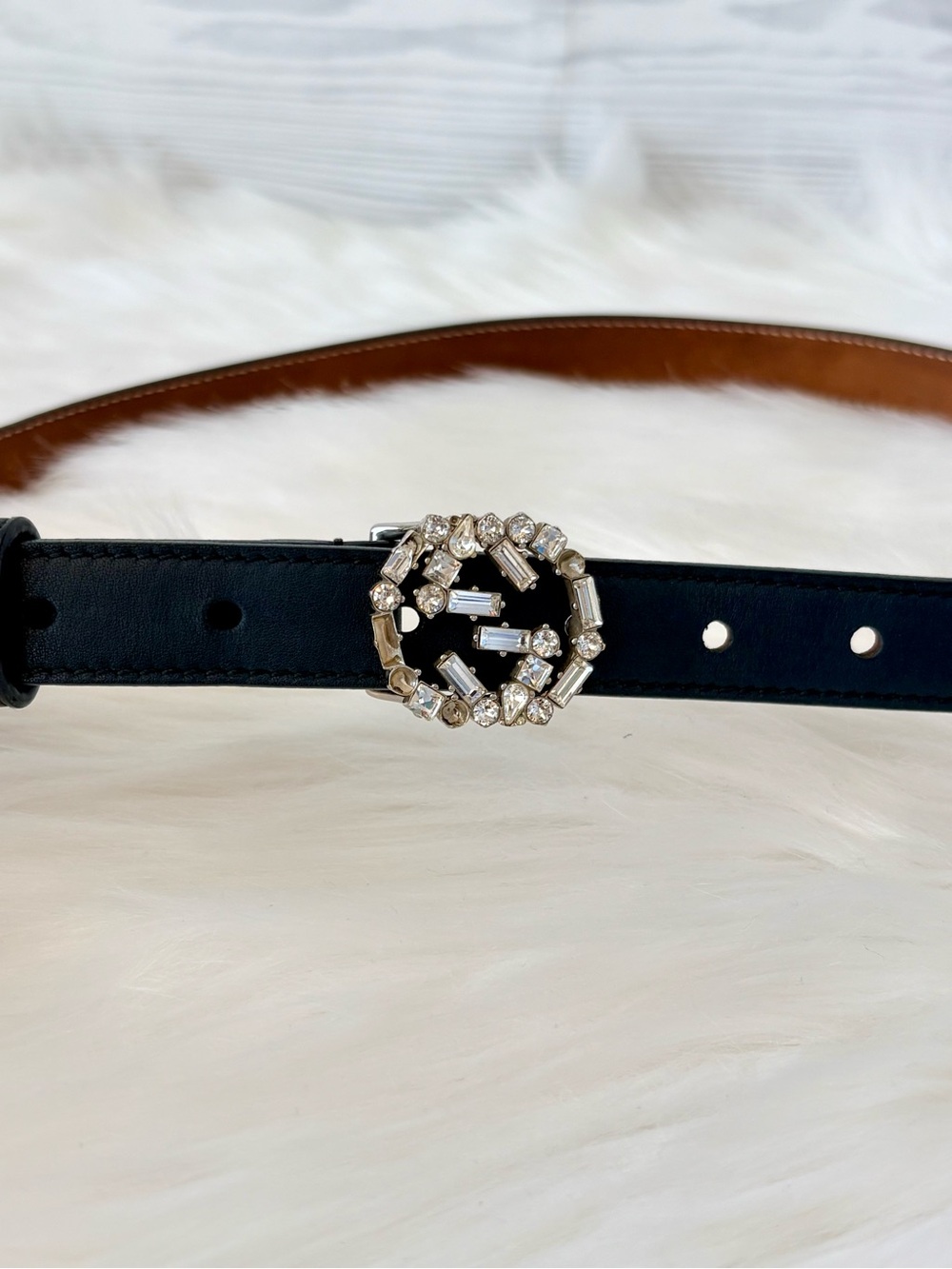 Gucci Black Leather Interlocking Crystal GG Skinny Belt - Picture 13 of 14